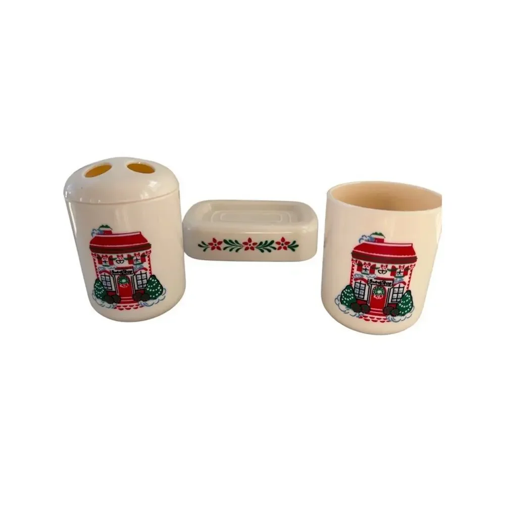 Vintage HOMETOWN CHRISTMAS 3-pc Plastic Bathroom Set Tumbler Soapdish and Holder